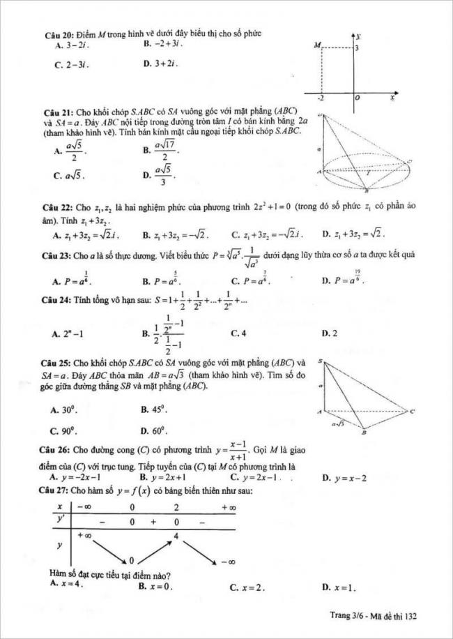 đề thi toán câu 20 - 27 mã đề 132 thpt chuyên lam sơn