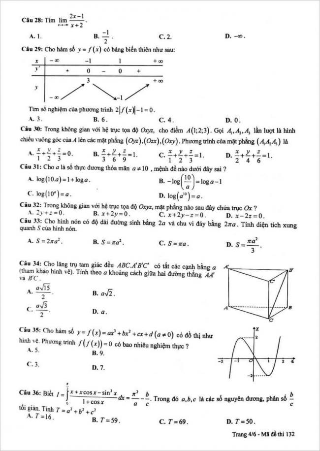 đề thi toán câu 28 - 36 mã đề 132 thpt chuyên lam sơn