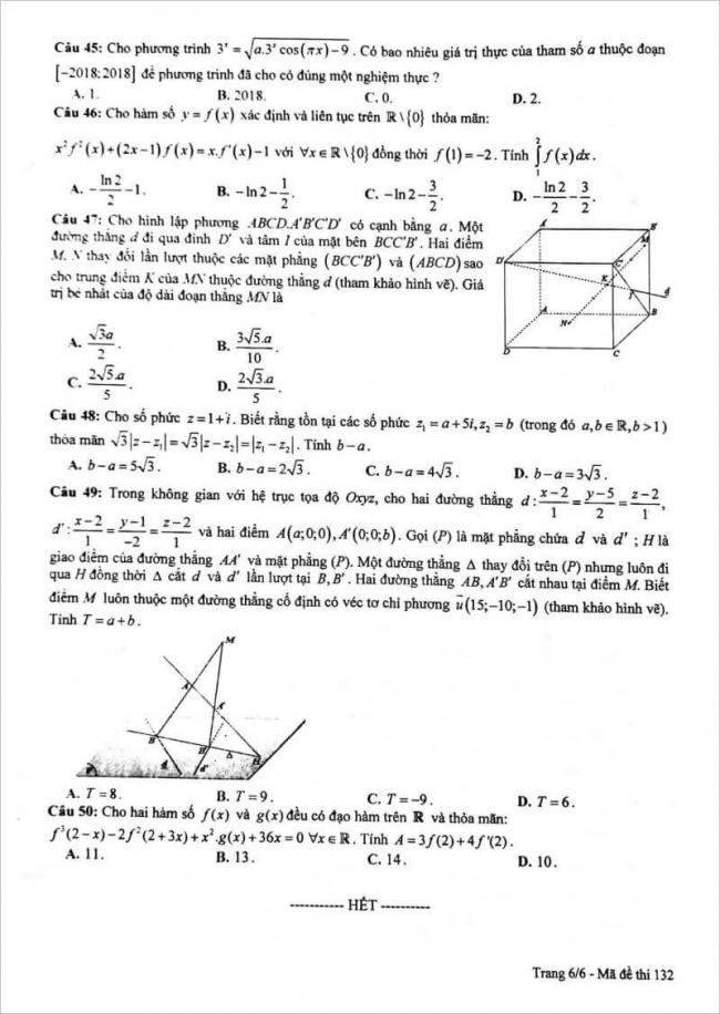 đề thi toán câu 45 - 50 mã đề 132 thpt chuyên lam sơn