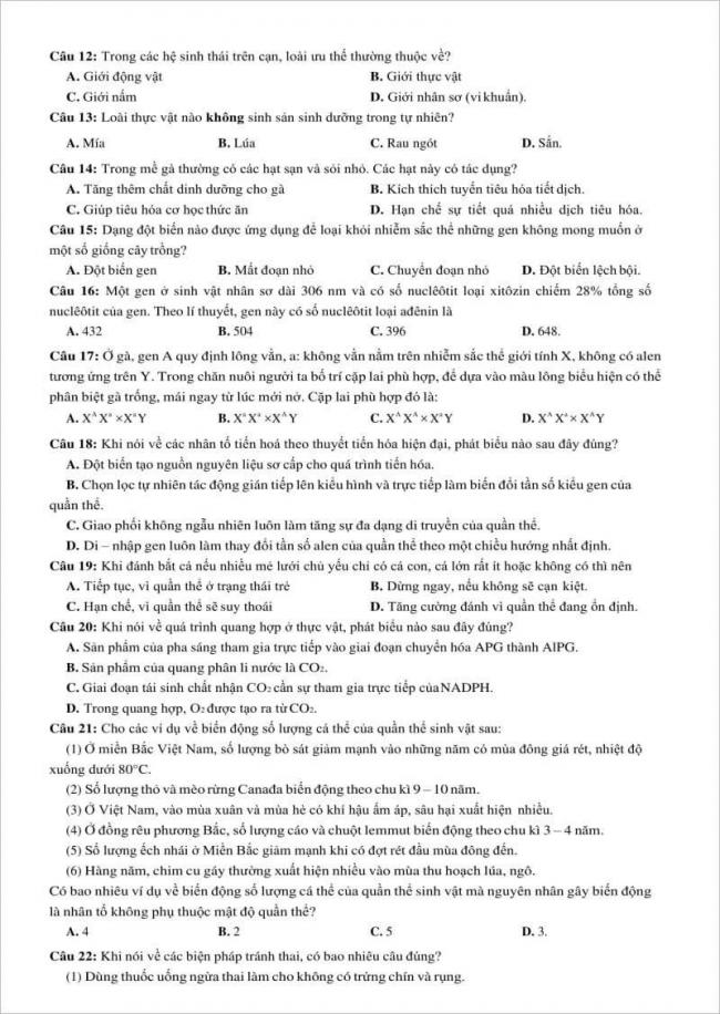 câu 12 - 22 trang 2 đề sinh trường hùng vương
