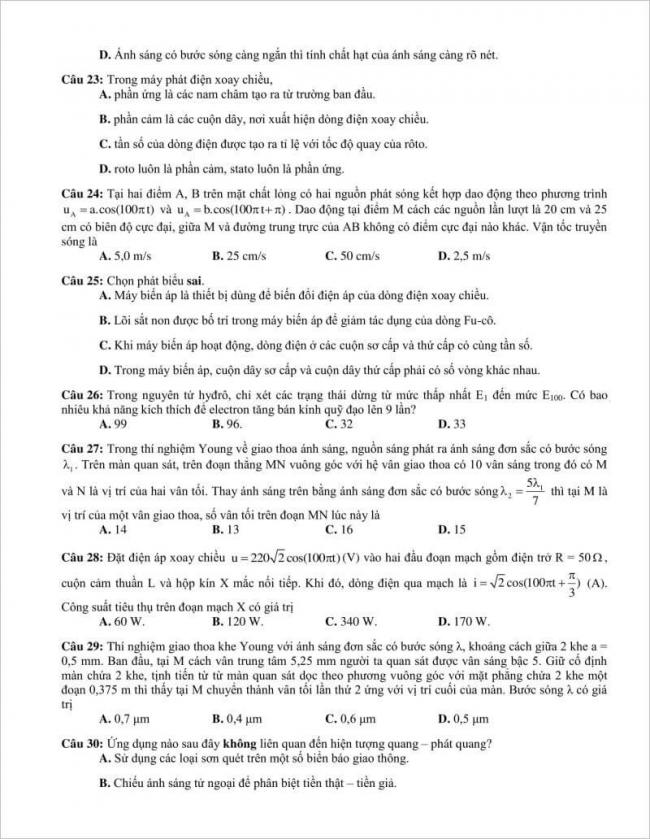 câu 23 đến 30 trang 4 đề vật lí thpt lương thế vinh