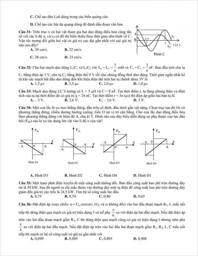 câu 31 đến 36 trang 5 đề vật lí thpt lương thế vinh