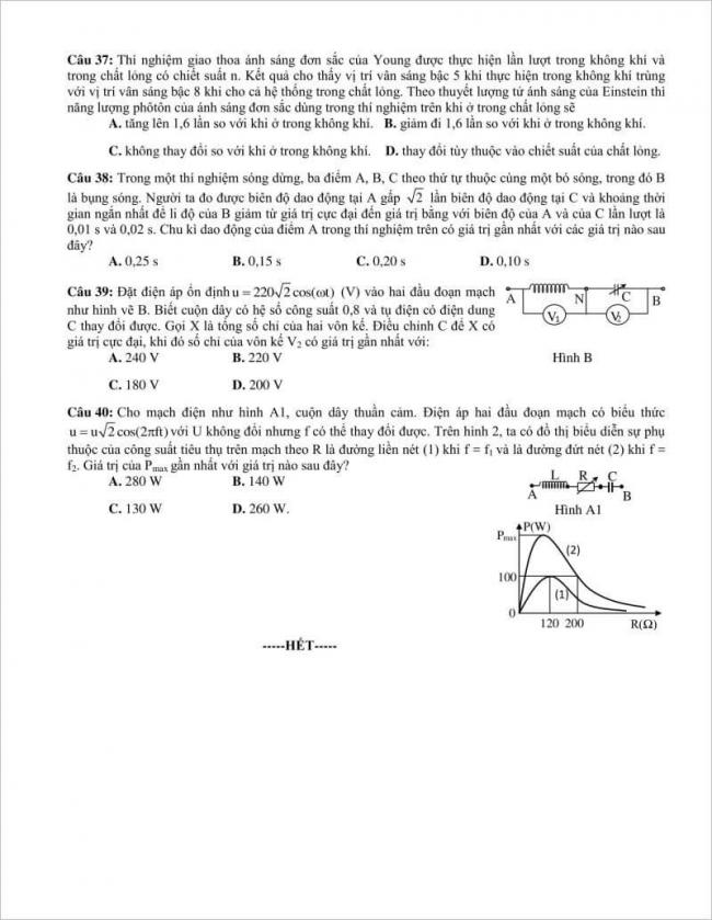 câu 37 đến 40 trang 6 đề vật lí thpt lương thế vinh