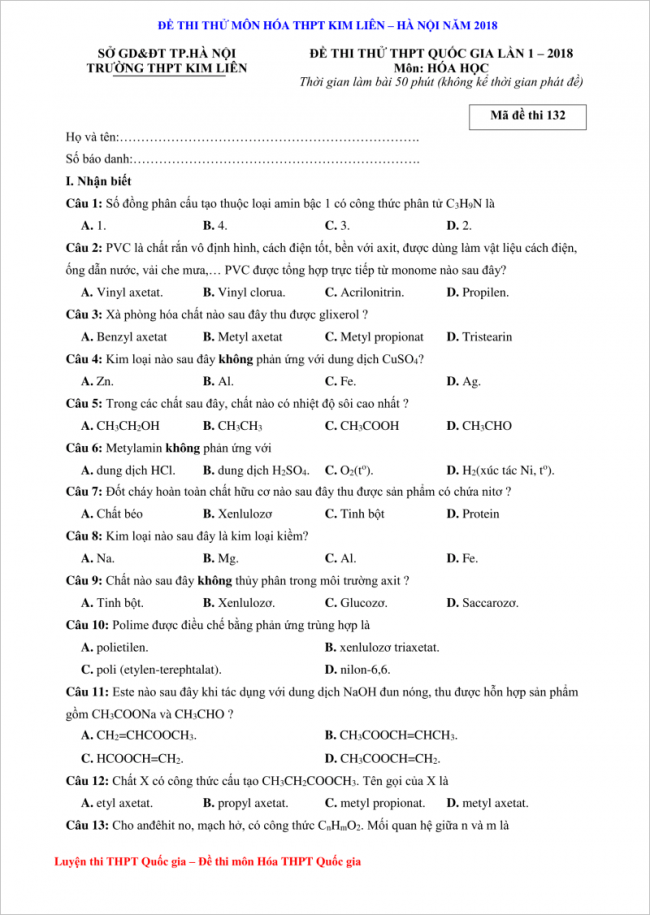 đề bài câu 1 đến 13 trang 1 đề thi hóa thpt kim liên
