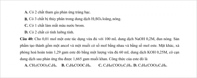 đề bài câu 40 trang 5 đề thi hóa thpt kim liên