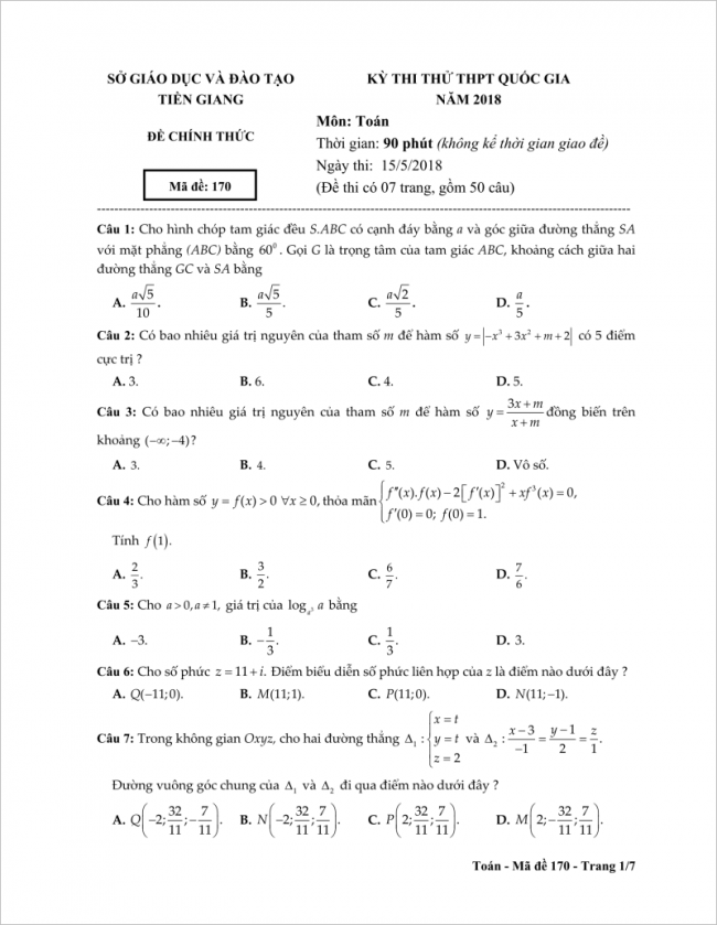 câu 1 đến 7 trang 1 đề toán thpt tỉnh tiền giang