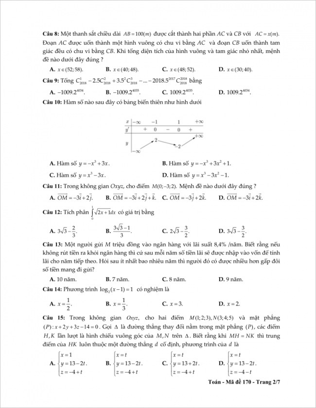 câu 8 đến 15 trang 2 đề toán thpt tỉnh tiền giang
