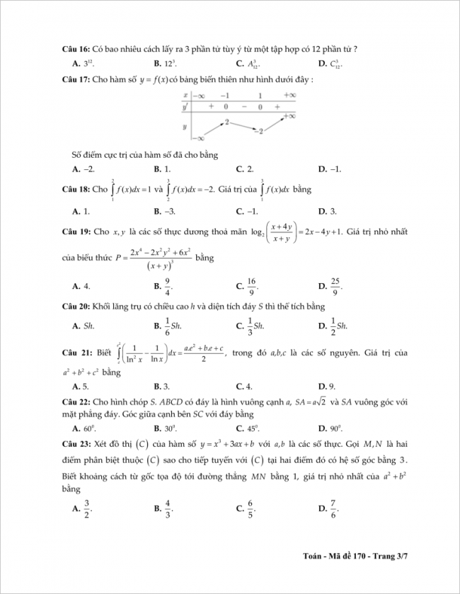 câu 16 đến 23 trang 3 đề toán thpt tỉnh tiền giang