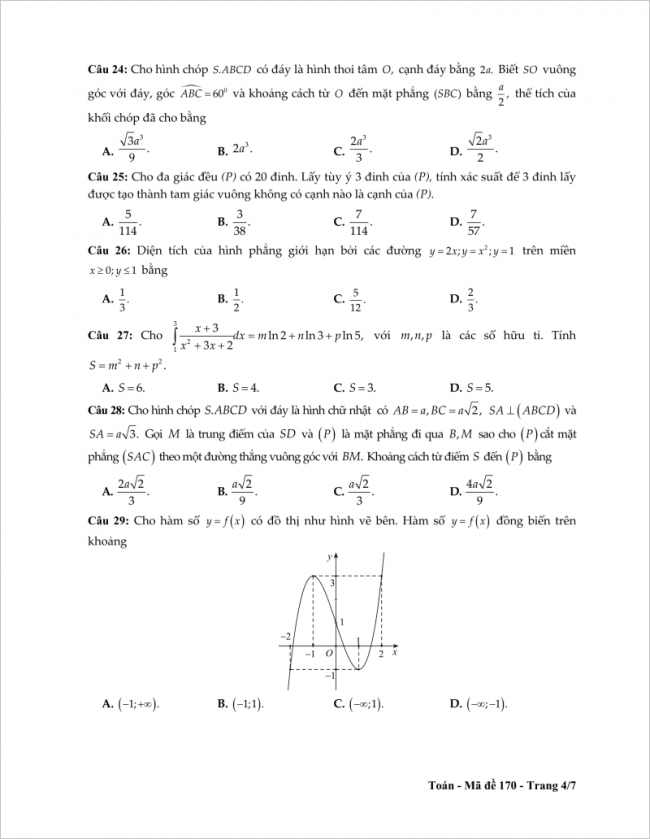câu 24 đến 29 trang 4 đề toán thpt tỉnh tiền giang