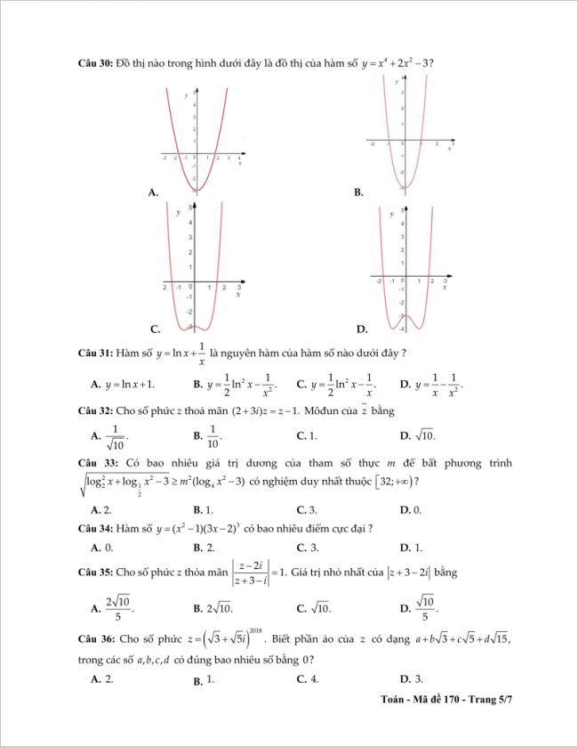 câu 30 đến 36 trang 5 đề toán thpt tỉnh tiền giang