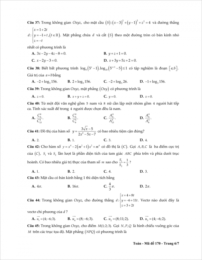 câu 37 đến 45 trang 6 đề toán thpt tỉnh tiền giang