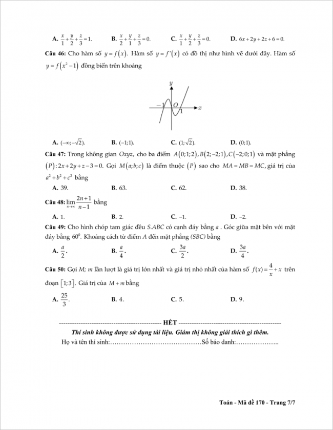 câu 46 đến 50 trang 6 đề toán thpt tỉnh tiền giang