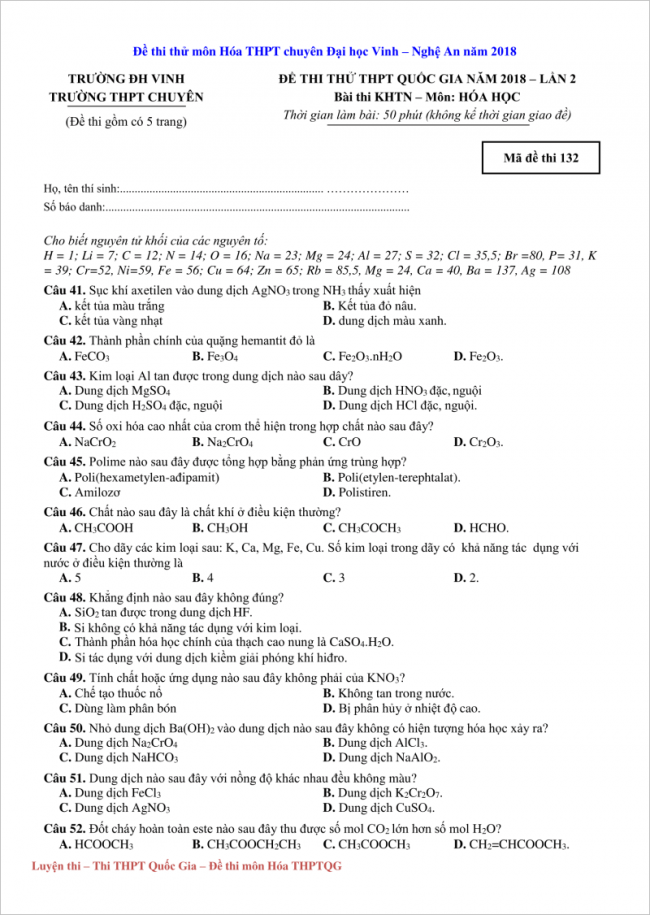 trang 1 từ câu 41 đến 52 đề hóa thi thử thpt chuyên đh vinh