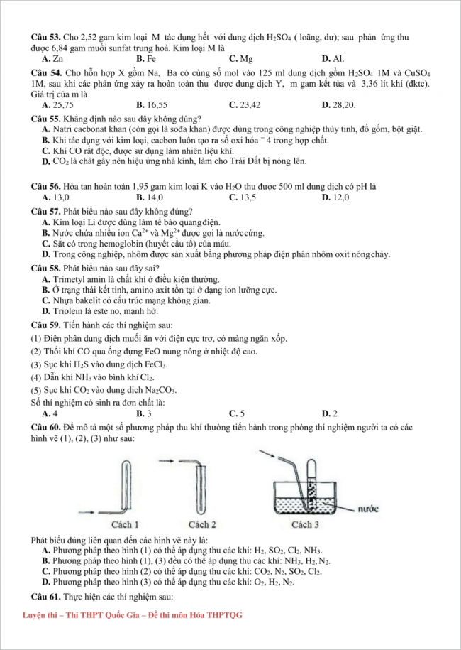 trang 2 từ câu 53 đến 61 đề hóa thi thử thpt chuyên đh vinh