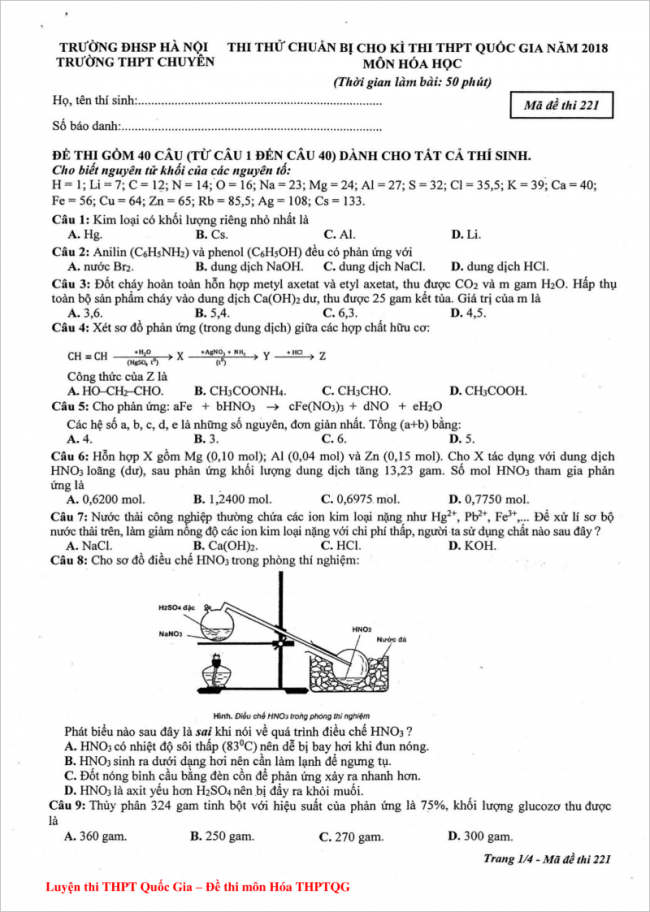câu 1 đến 9 mã đề 221 môn hóa thpt chuyên ĐHSP HN