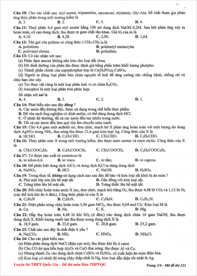 câu 10 đến 24 trang 2 mã đề 221 môn hóa thpt chuyên ĐHSP HN