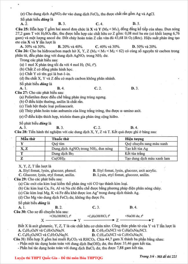 câu 25 đến 31 trang 3 mã đề 221 môn hóa thpt chuyên ĐHSP HN
