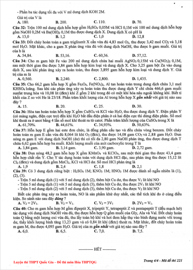 câu 32 đến 40 trang 4 mã đề 221 môn hóa thpt chuyên ĐHSP HN
