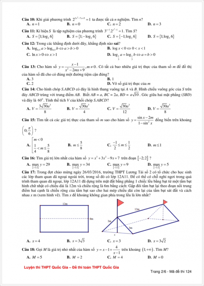 đề bài từ câu 10 đến 18 trang 2 đề toán thpt lương tài