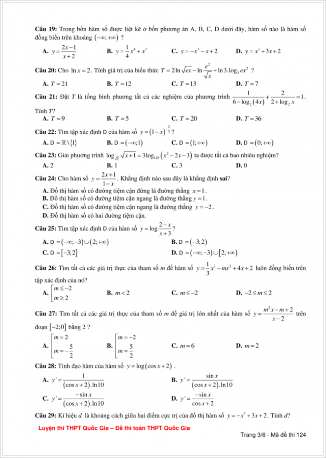 đề bài từ câu 19 đến 29 trang 3 đề toán thpt lương tài