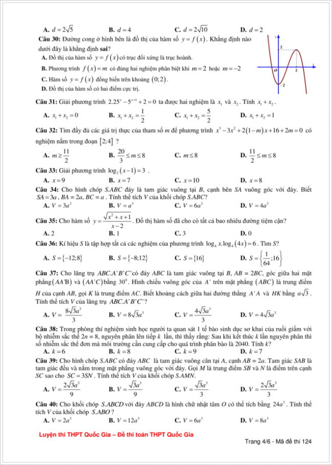 đề bài từ câu 30 đến 40 trang 4 đề toán thpt lương tài