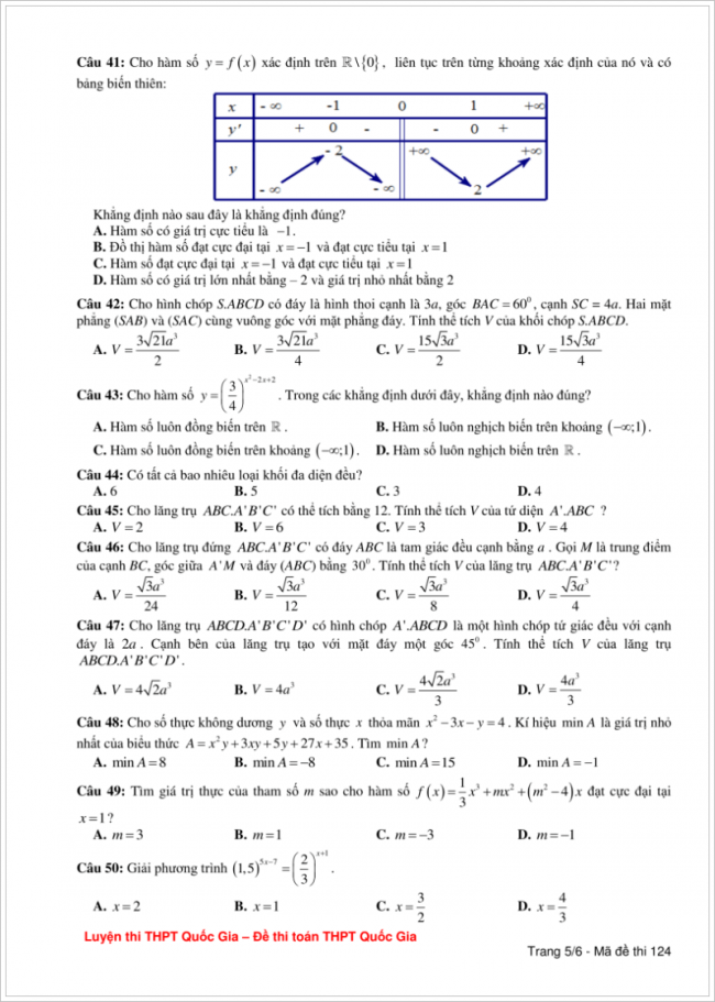 đề bài từ câu 41 đến 50 trang 5 đề toán thpt lương tài