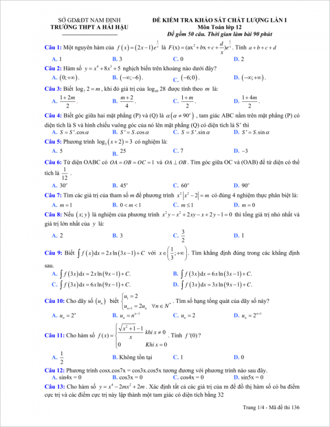 trang 1 câu 1 đến 13 đề toán thpt hải hậu a