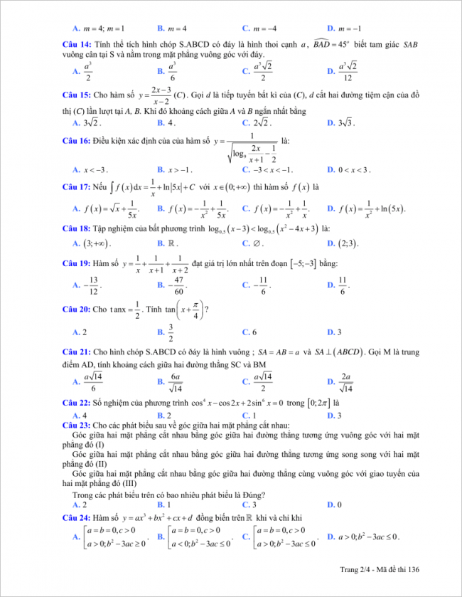 trang 2 câu 14 đến 24 đề toán thpt hải hậu a