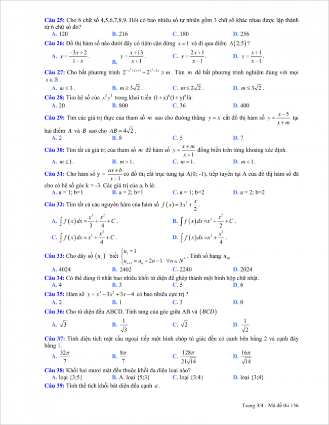 trang 3 câu 25 đến 39 đề toán thpt hải hậu a