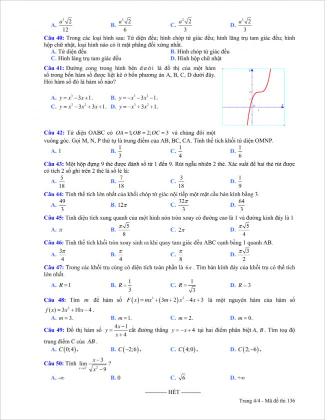 trang 4 câu 40 đến 50 đề toán thpt hải hậu a