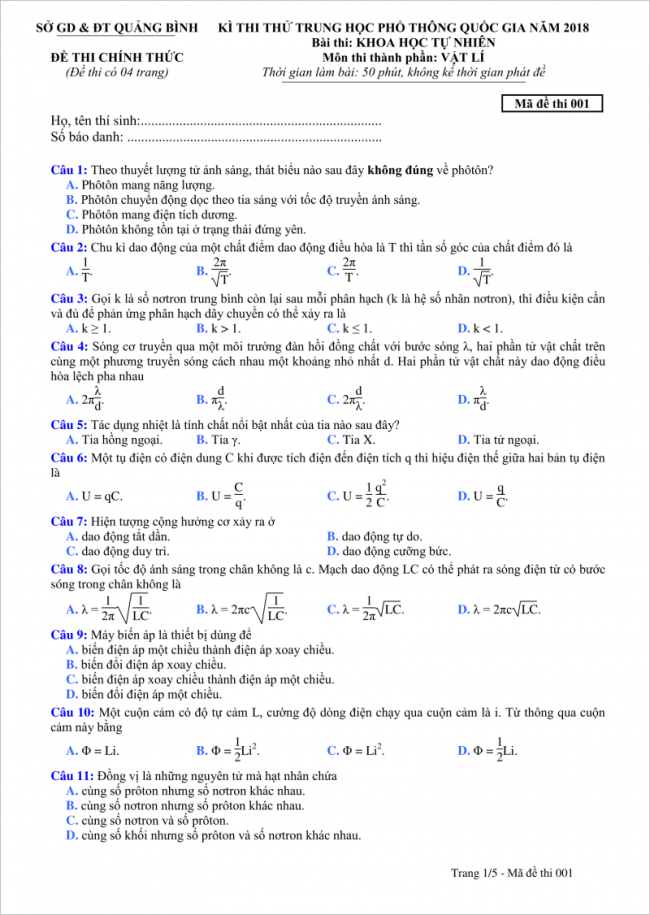 câu 1 đến 11 trang 1 đề thi vật lý thpt tỉnh quảng bình