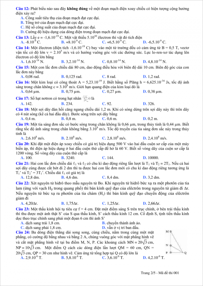 câu 12 đến 24 trang 2 đề vật lý thpt tỉnh quảng bình