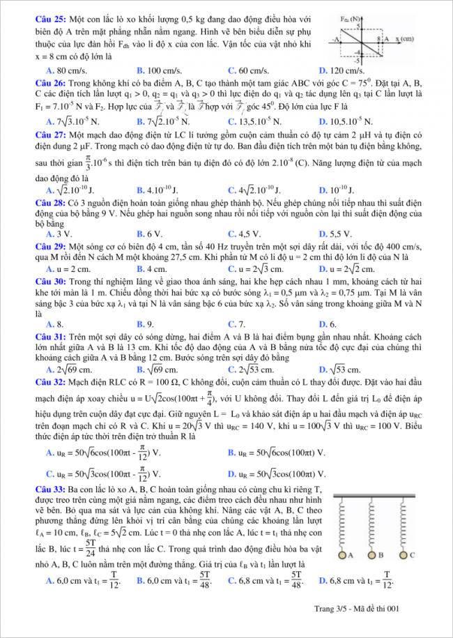 câu 25 đến 33 trang 3 đề thi vật lý thpt tỉnh quảng bình
