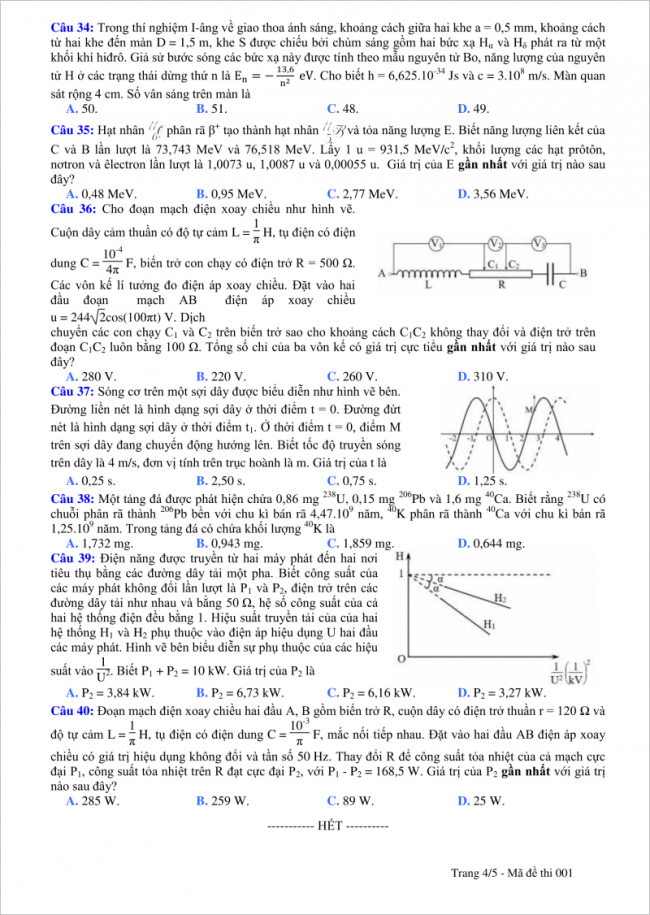câu 34 đến 40 trang 4 đề thi vật lý thpt tỉnh quảng bình