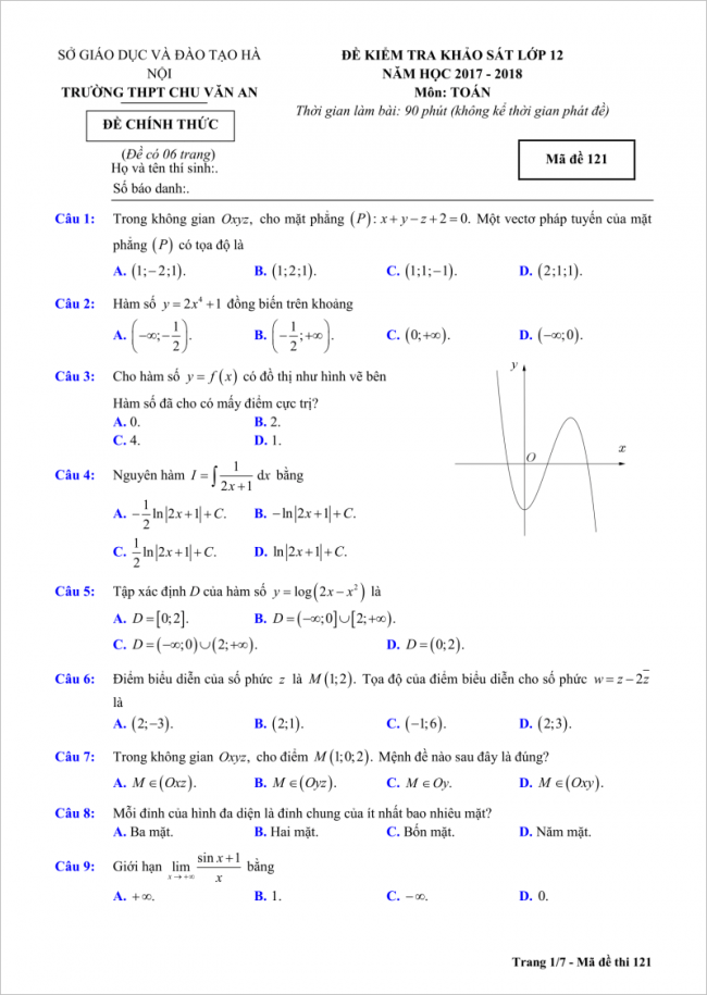 trang 1/7 câu 1 đến 9 đề toan thi thử thpt chu văn an