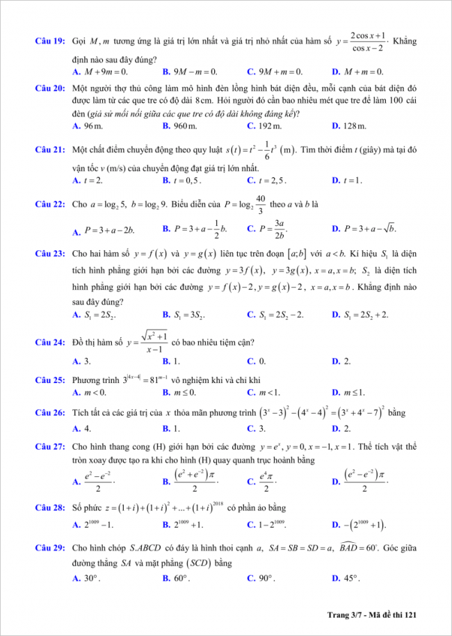 trang 3/7 câu 19 đến 29 đề toán thi thử thpt chu văn an