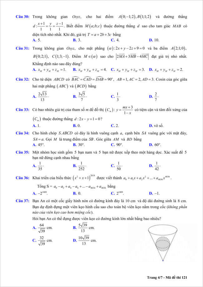 trang 4/7 câu 30 đến 37 đề toán thi thử thpt chu văn an