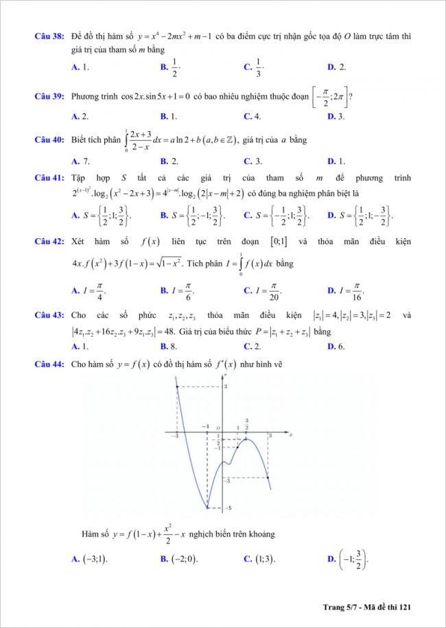 trang 5/7 câu 38 đến 44 đề toán thi thử thpt chu văn an