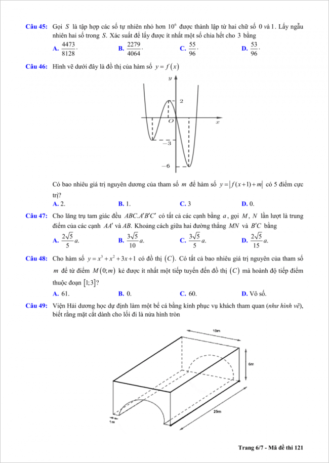 trang 6/7 câu 45 đến 49 đề toán thi thử thpt chu văn an