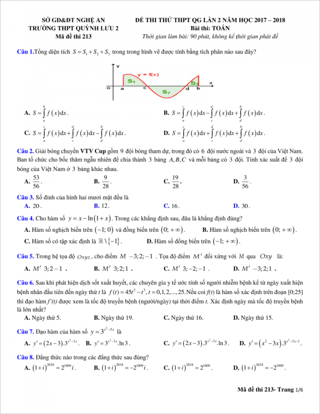 trang 1 từ câu 1 đến 8 đề toán thpt quỳnh lưu 2