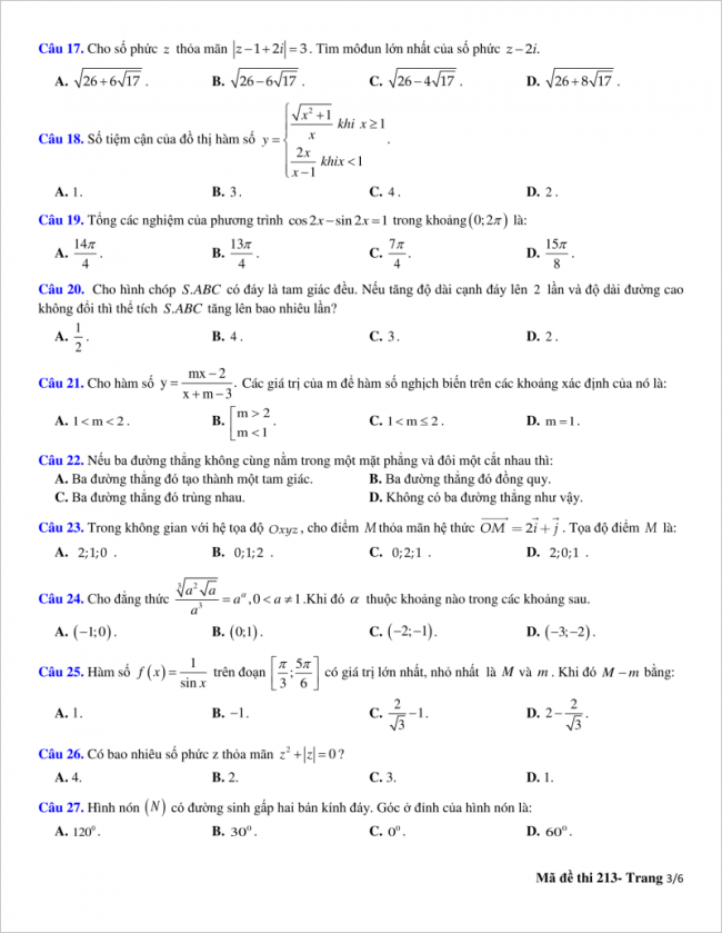 trang 3 từ câu 17 đến 27 đề toán thpt quỳnh lưu 2