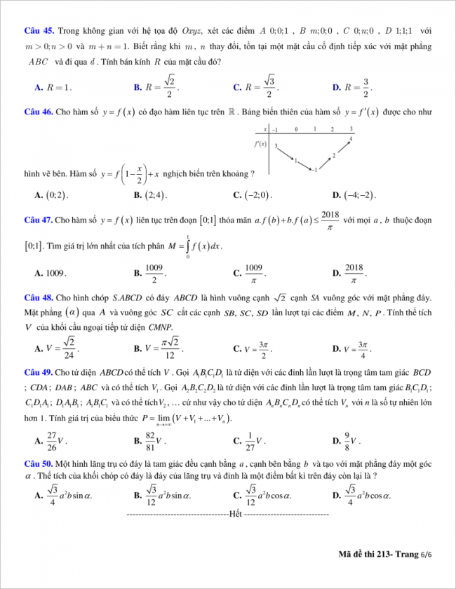 trang 6 từ câu 45 đến 50 đề toán thpt quỳnh lưu 2