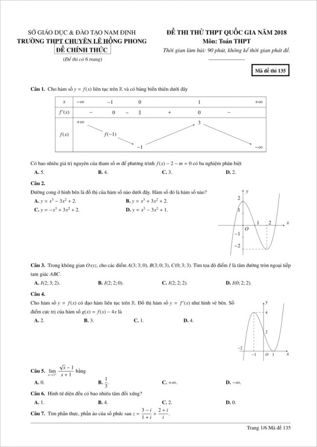 câu 1 đến 7 trang 1 đề toán thpt lê hồng phong