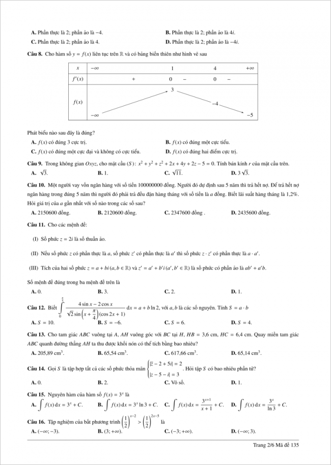 câu 8 đến 16 trang 2 đề toán thpt lê hồng phong