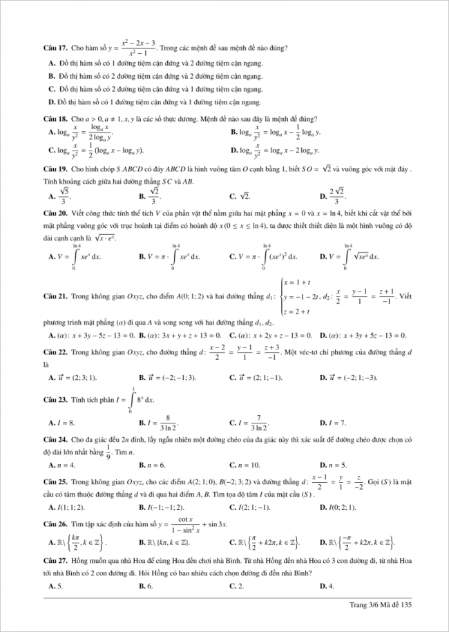 câu 17 đến 27 trang 3 đề toán thpt lê hồng phong