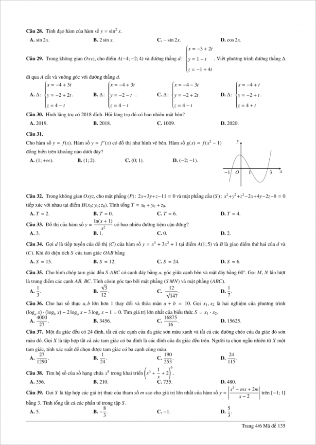 câu 28 đến 39 trang 4 đề toán thpt lê hồng phong
