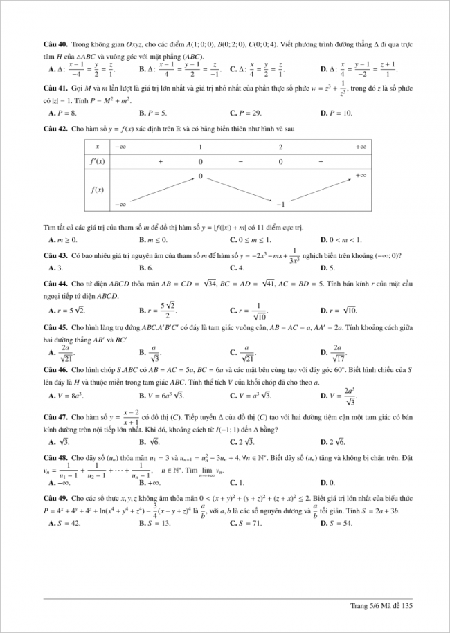câu 40 đến 49 trang 5 đề toán thpt lê hồng phong