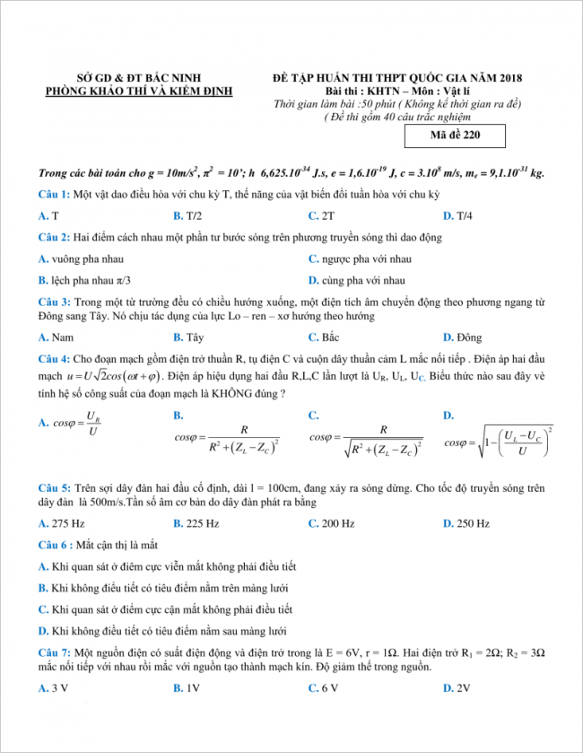câu 1 đến 7 trang 1 đề vật lý thpt chuyên bắc ninh