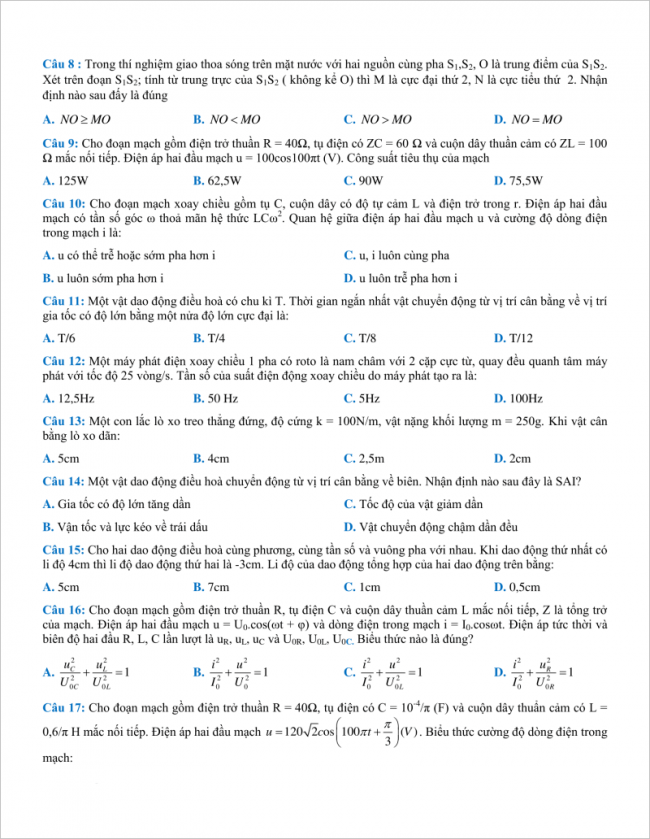 câu 8 đến 17 trang 2 đề vật lý thpt chuyên bắc ninh