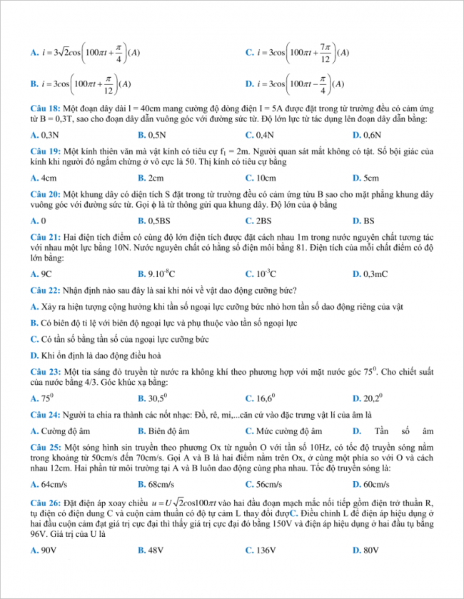 câu 18 đến 26 trang 3 đề vật lý thpt chuyên bắc ninh